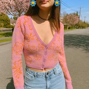 L Space Spring Fling Cardigan Sweater Womens Small Pink Orange Floral Print Crop